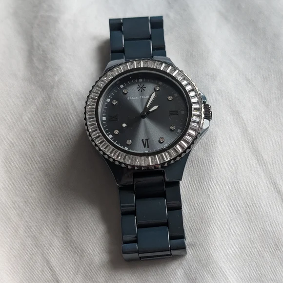 Isaac Mizrahi Live! Baguette Crystal Bezel Ceramic Link Watch - Picture 3 of 11